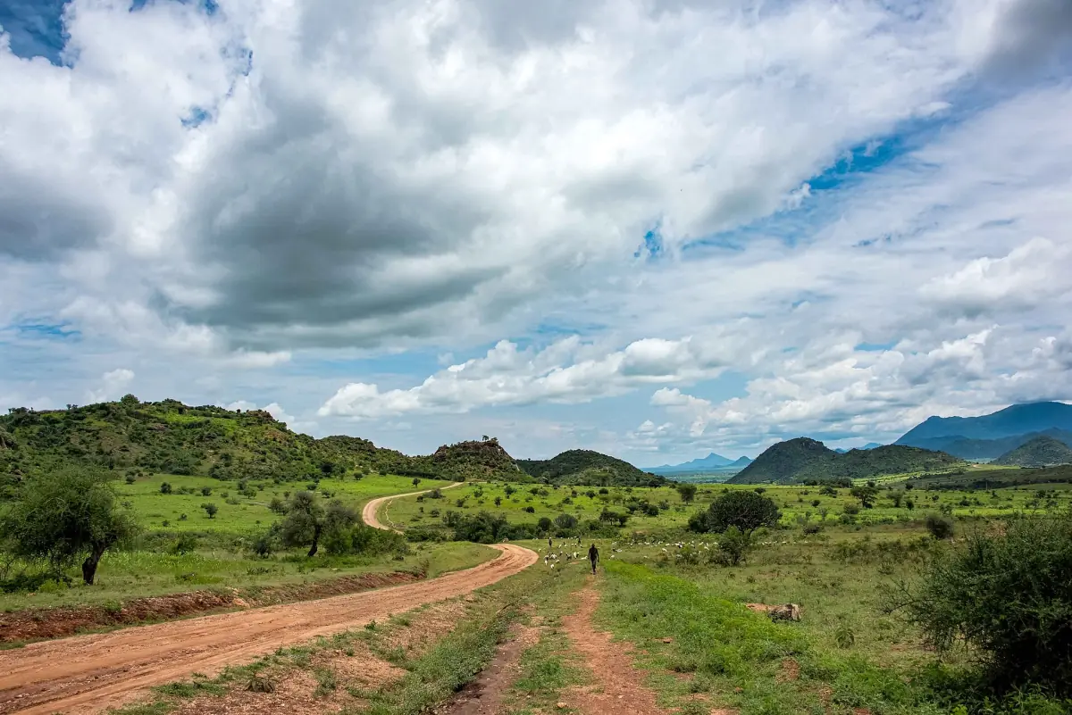 Dirt road winding through green hills in Karamoja under dramatic clouds