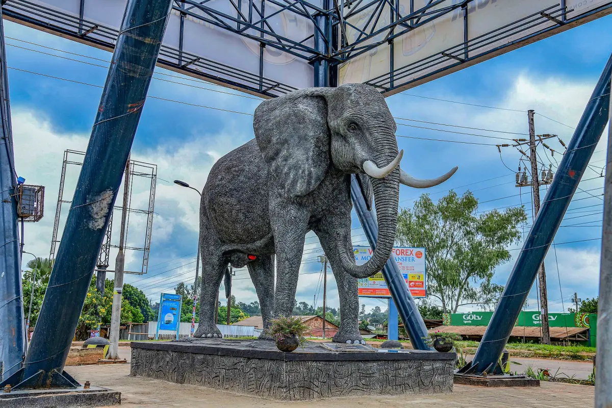 Large elephant statue under a steel canopy in Gulu city