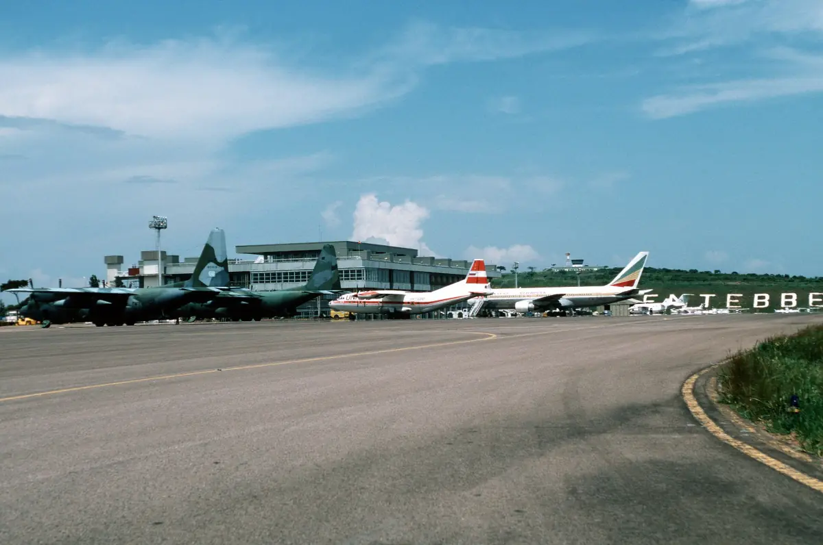 Entebbe airport terminal and apron with aircraft parked