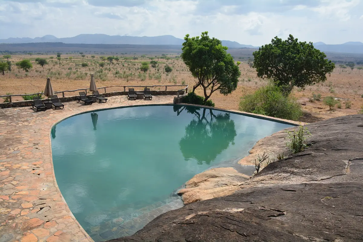 Rock hewn swimming pool on a terrace overlooking the Kidepo plains
